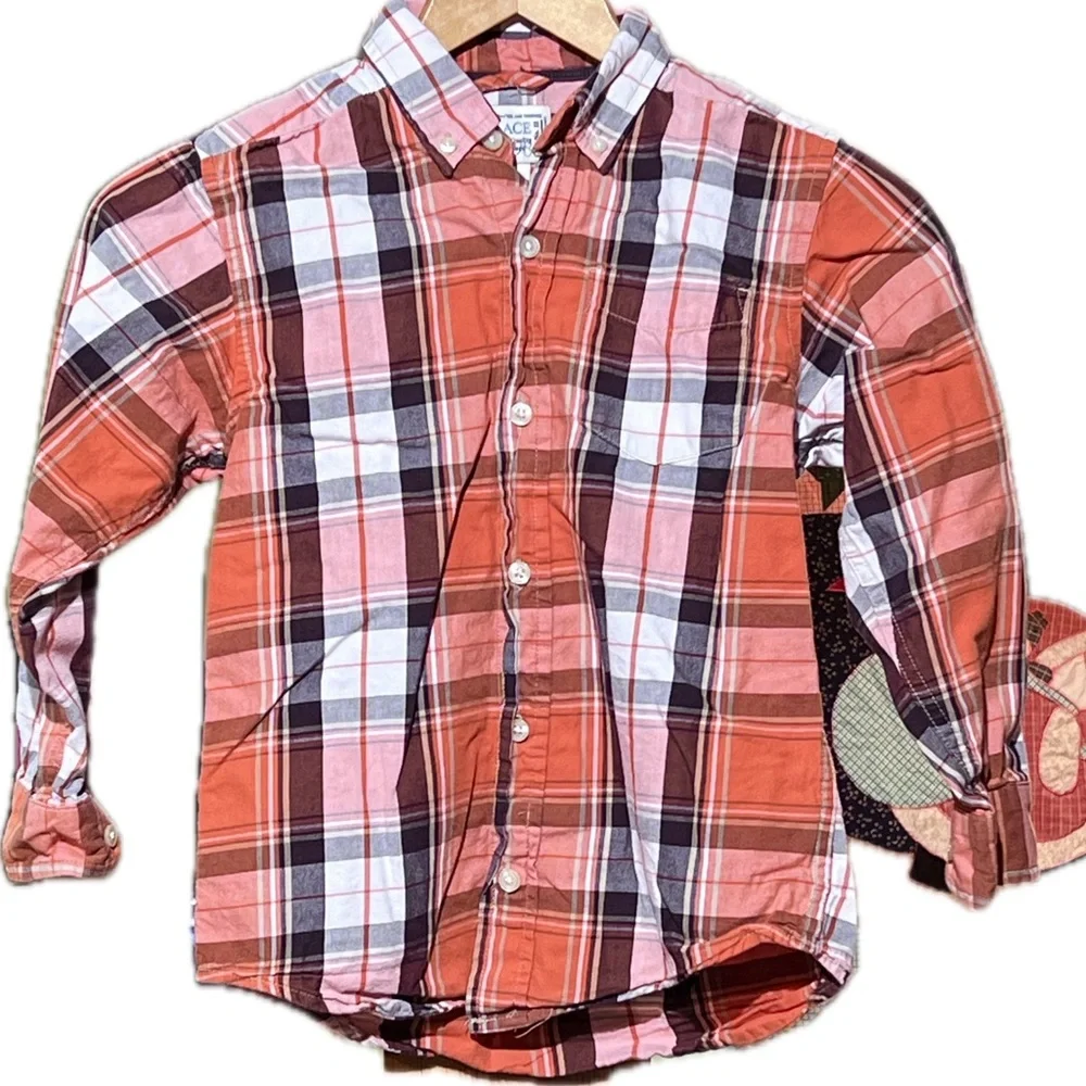 The children’s Place button down plaid, orange shirt, boys, size small 5/6 EUC